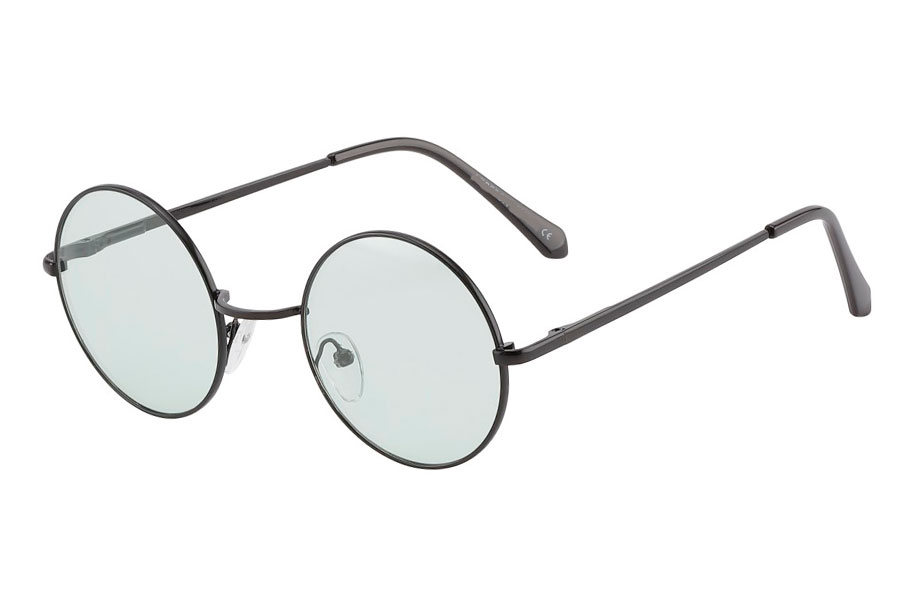Rund lennon brille i sort metalstel med lysegrønne linser.  | festival-solbriller