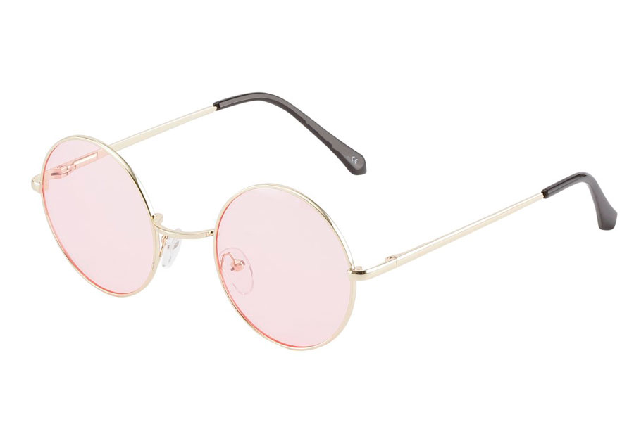 Rund lennon brille i guldfarvet metalstel med lyse lyserøde linser.  | solbriller-farvet-glas