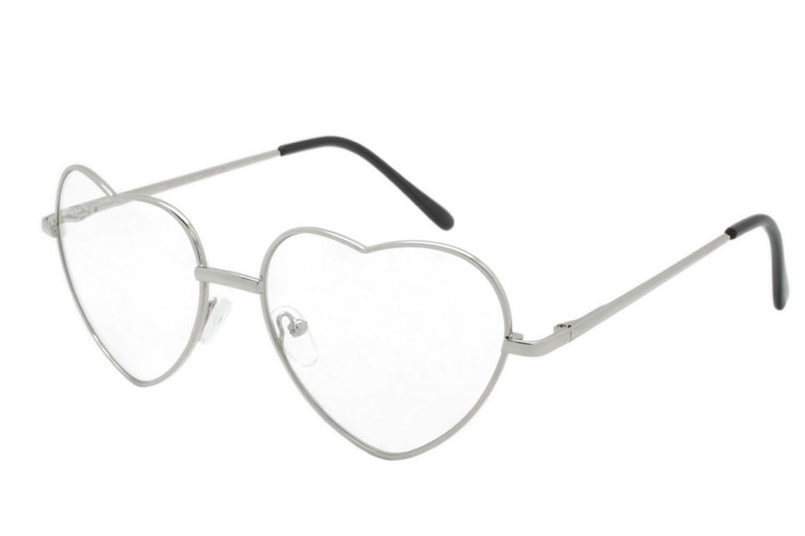 Hjertebrille med klart glas uden styrke. Stellet er i tyndt sÃ¸lvfarvet metalstel i god kvalitet. Brillen bringer skÃ¸nne hippie / flowerpower og John Lennon minder frem | klar_glas_briller