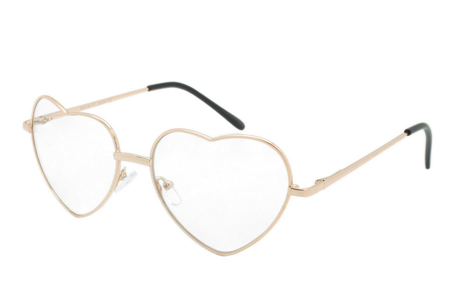 Hjertebrille med klart glas uden styrke. Stellet er i tyndt guldfarvet metalstel i god kvalitet. Brillen bringer skÃ¸nne hippie / flowerpower og John Lennon minder frem | festival-solbriller