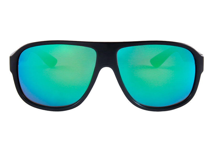 Sort pilot solrille i kraftig plastik kvalitet med multifarvet spejlglas i blå-grønne nuancer. | millionaire_aviator_solbriller-2