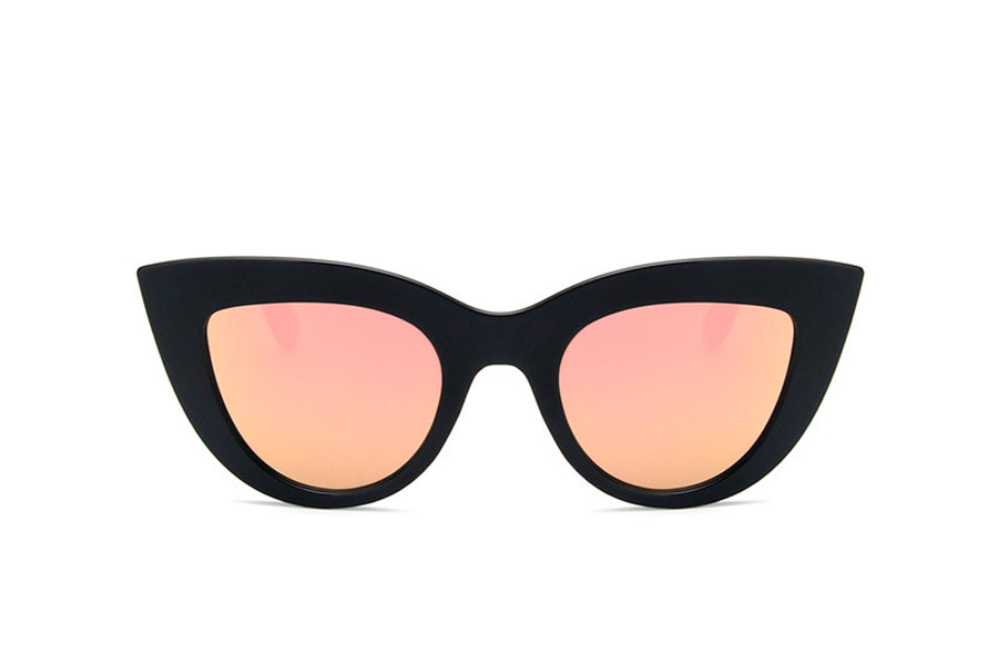Sort cateye solbrille med spejlglas i fersken-lilla nuancer. Kraftigt og bredt design med spidser hjÃ¸rner og runde former | solbriller_kvinder-2