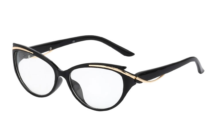 Sort Cateye brille med klart glas uden styrke i ægte 40er - 60er stil - Design nr. 3404