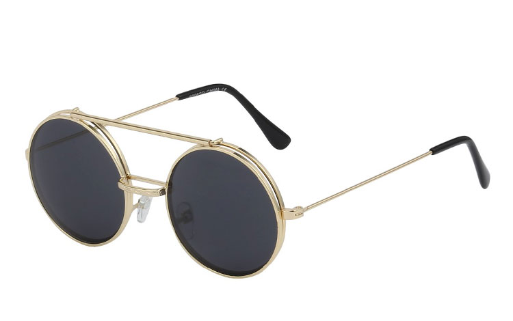Guldfarvet rund metal solbrille med flip up solbrille - Design nr. 3461