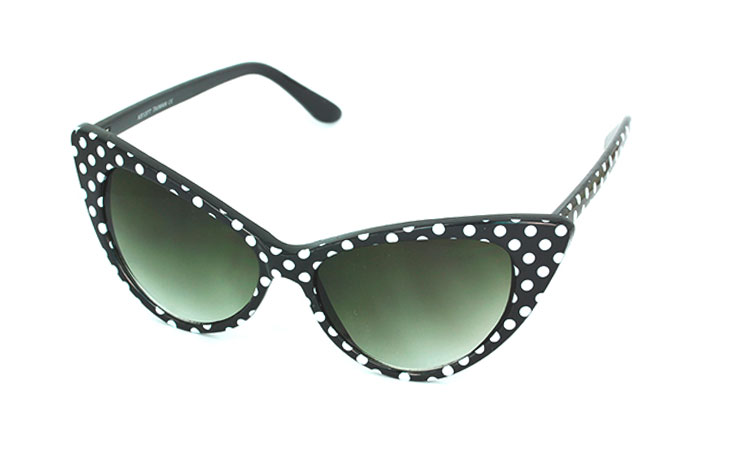 Sort cateye solbrille med hvide prikker. 30´er - 50´er stil - Design nr. 628