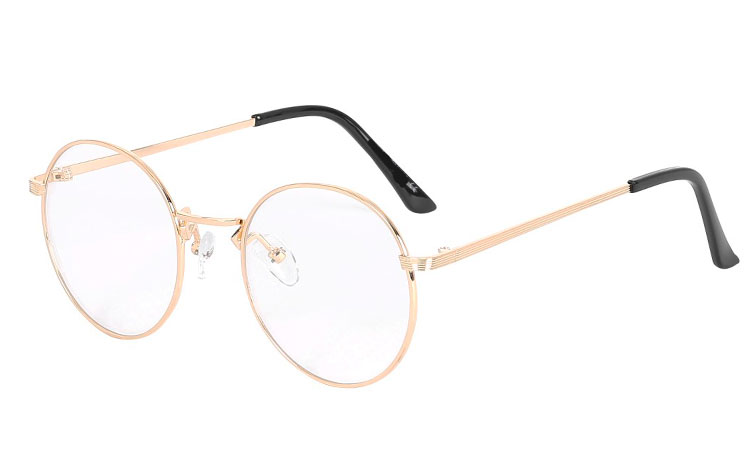 Moderne rund brille i guldfarvet metal stel, med klare linser uden styrke - Design nr. s3624
