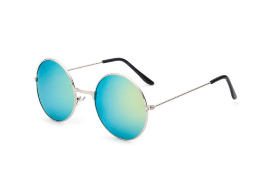 Rund solbrille i sølvfarvet metal stel med spejlglas i grøn-gule nuancer - Design nr. s4191