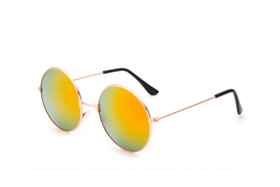 Rund solbrille i guldfarvet metal stel med spejlglas i orange-gule nuancer. - Design nr. s4192