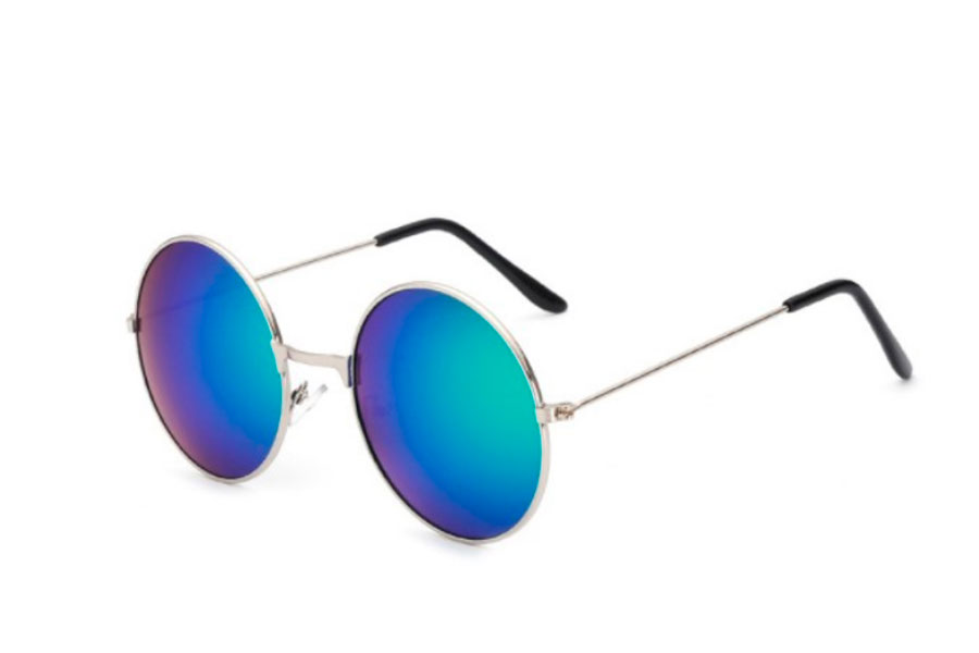 Rund lennon solbrille i sølvfarvet metal stel med spejlglas i lillablå-grønne nuancer - Design nr. s4195